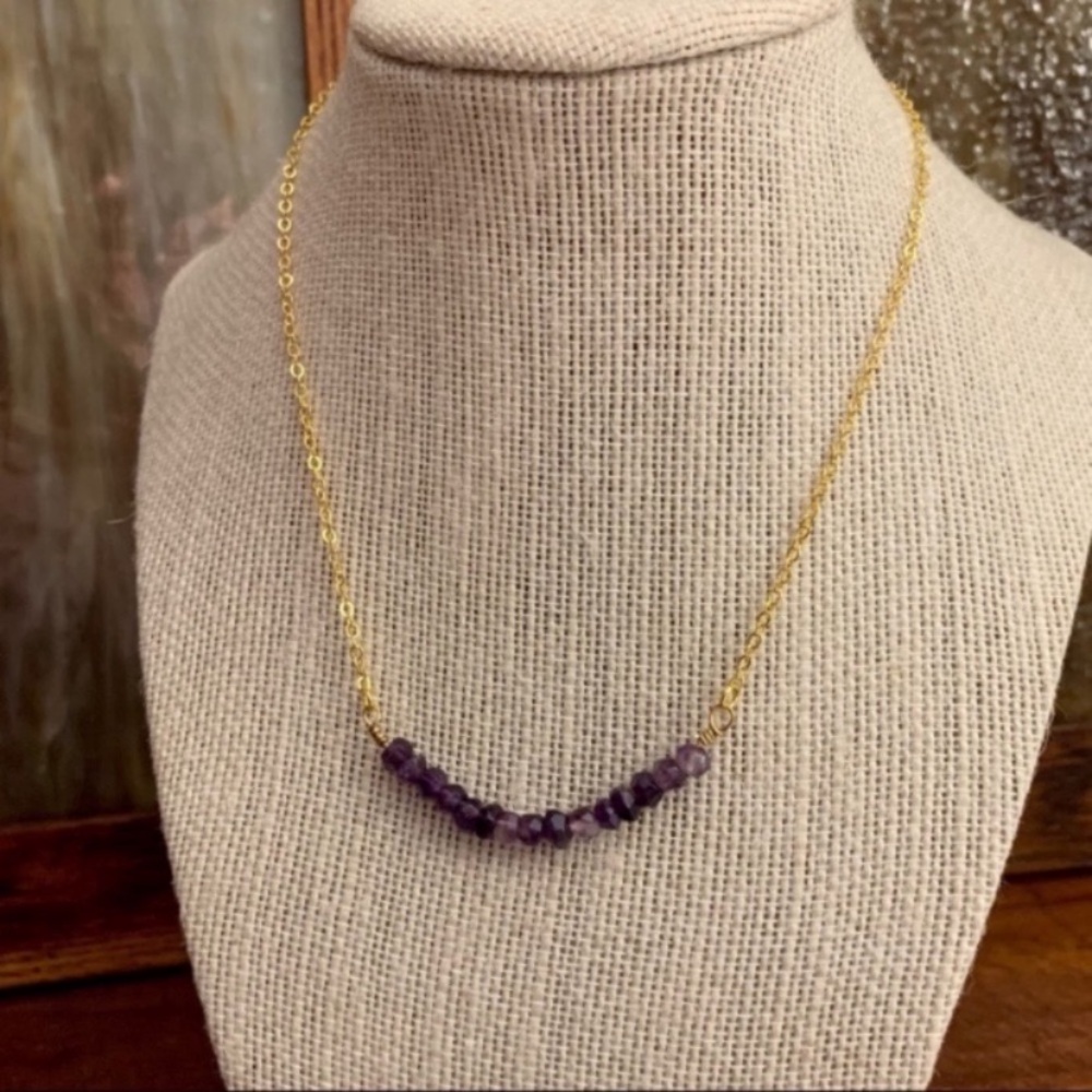 Amethyst and Gold Beaded Gemstone
Bar Necklace